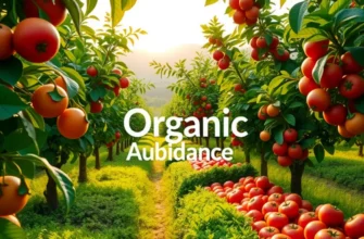 Sunlit orchard with lush greenery and an abundance of organic fruits and vegetables.