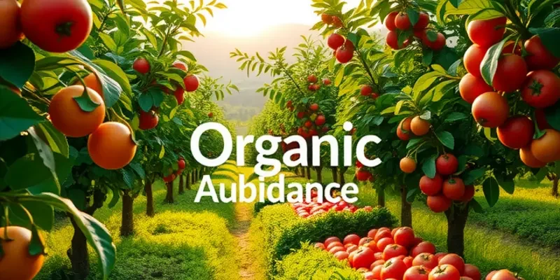Sunlit orchard with lush greenery and an abundance of organic fruits and vegetables.