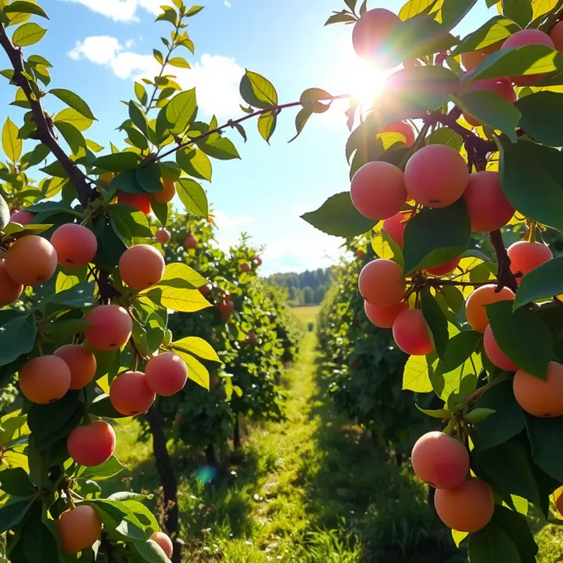 An orchard bursting with vibrant organic fruits under a warm sun.
