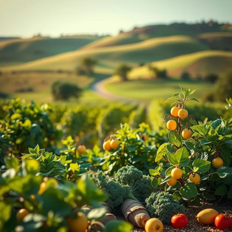 A lush, sunlit field with thriving organic fruits and vegetables.