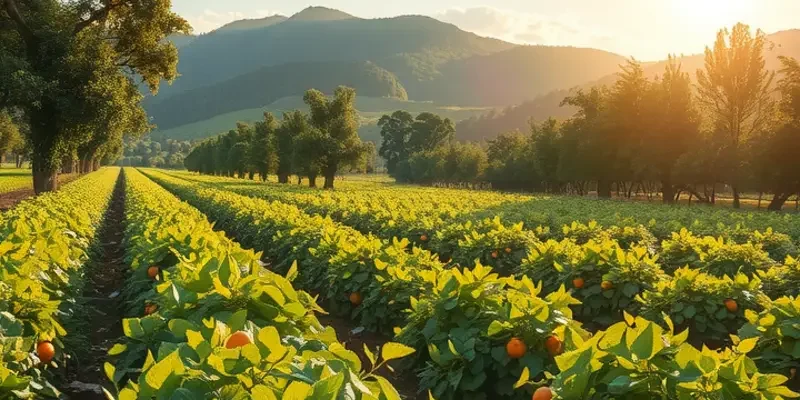A vibrant field scene showcasing healthy vegetables and fruits in a natural landscape.