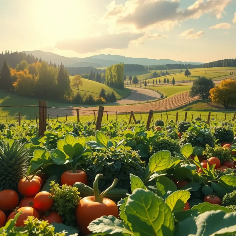 A sunlit field showcasing vibrant vegetables and fruits in a natural setting.