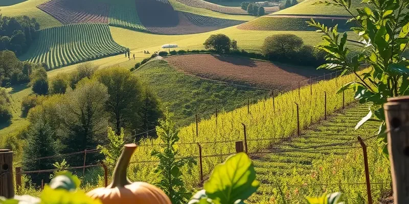 A lush field filled with a variety of fresh fruits and vegetables under warm sunlight.