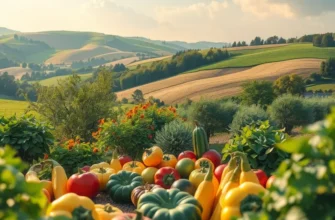 A natural landscape filled with fresh, organic fruits and vegetables under soft lighting.