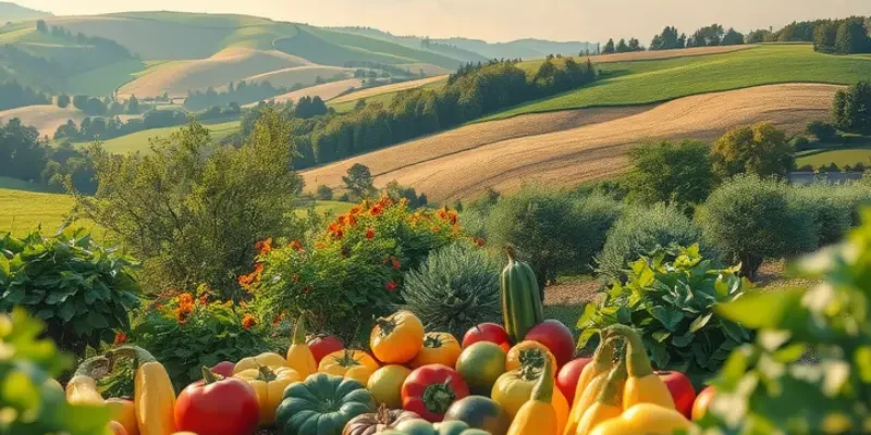 A natural landscape filled with fresh, organic fruits and vegetables under soft lighting.