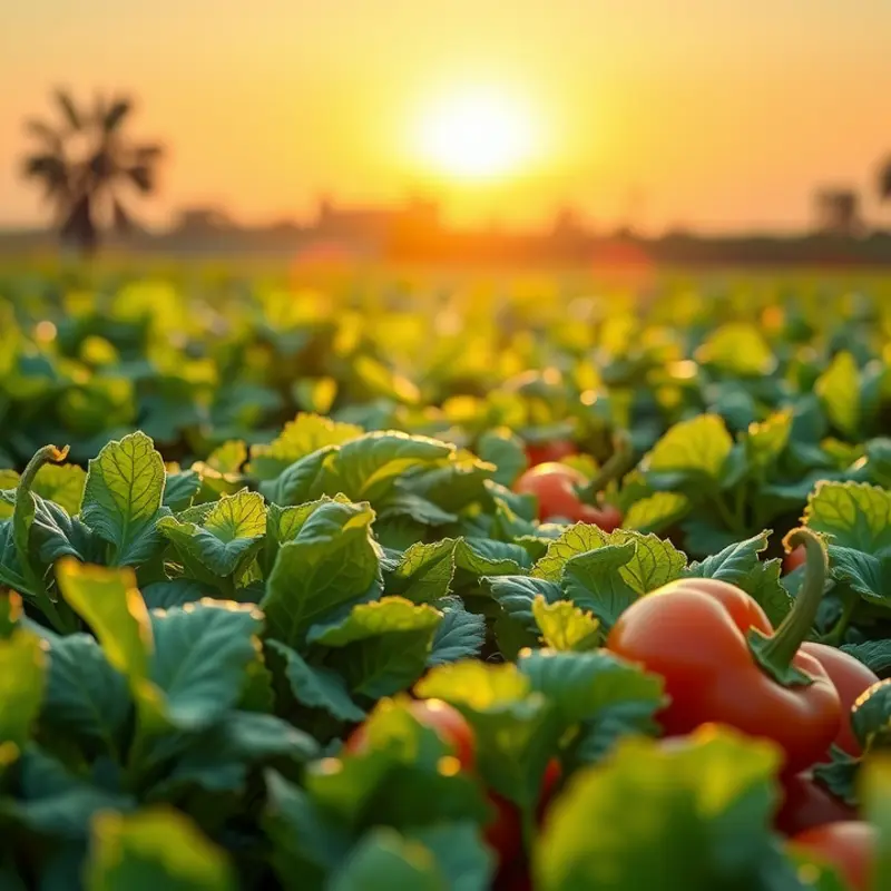 A sunlit landscape filled with vibrant vegetables and lush greenery, symbolizing fresh ingredients.