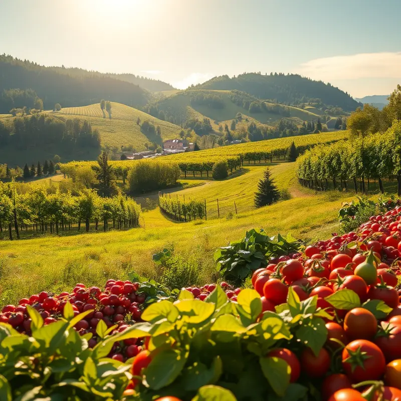 A vibrant field showcasing organic vegetables and fruits under soft, warm lighting.