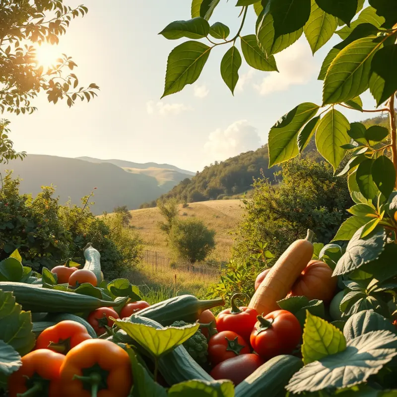 A vibrant orchard showcasing organic vegetables and fruits in a lush, sunlit field.
