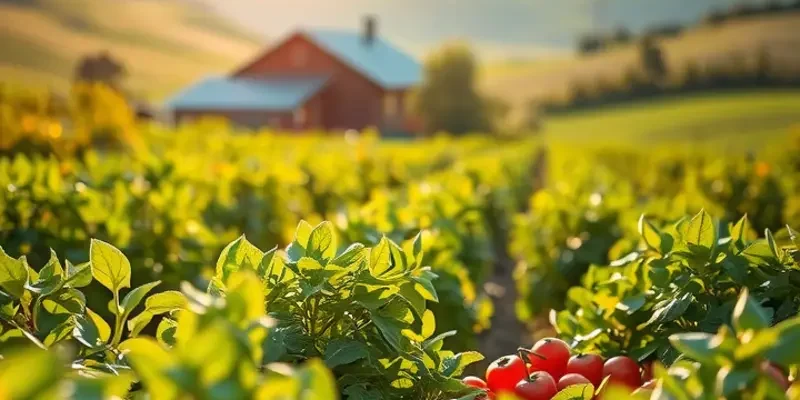 A beautiful landscape of fresh vegetables and fruits growing in a sunlit field.