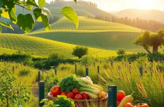 A photorealistic landscape depicting vibrant organic fruits and vegetables in a sunlit field.