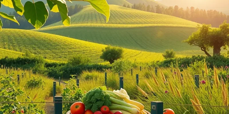 A photorealistic landscape depicting vibrant organic fruits and vegetables in a sunlit field.