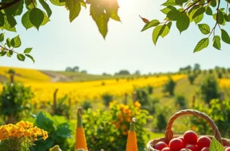 A scenic view of a lush landscape highlighting various organic fruits and vegetables.