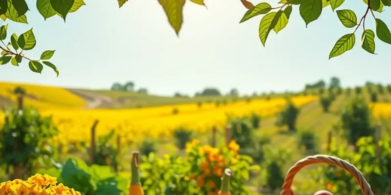A scenic view of a lush landscape highlighting various organic fruits and vegetables.