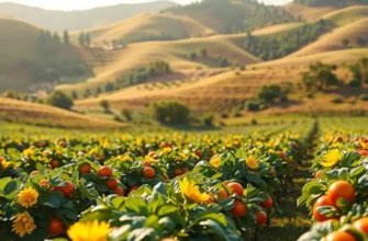 A vibrant orchard filled with fresh vegetables under soft, warm sunlight.
