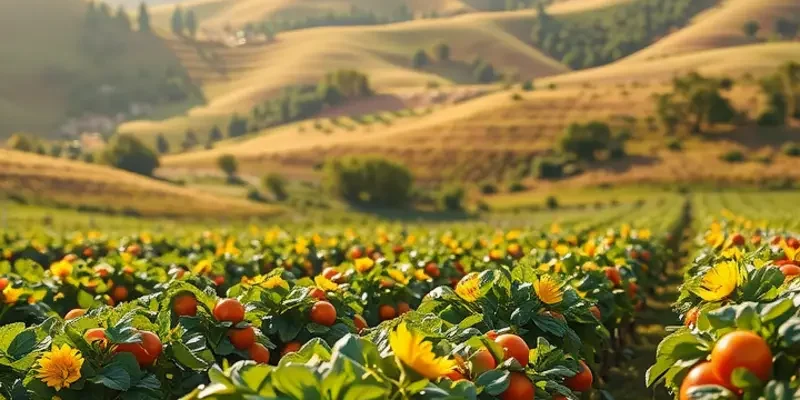 A vibrant orchard filled with fresh vegetables under soft, warm sunlight.