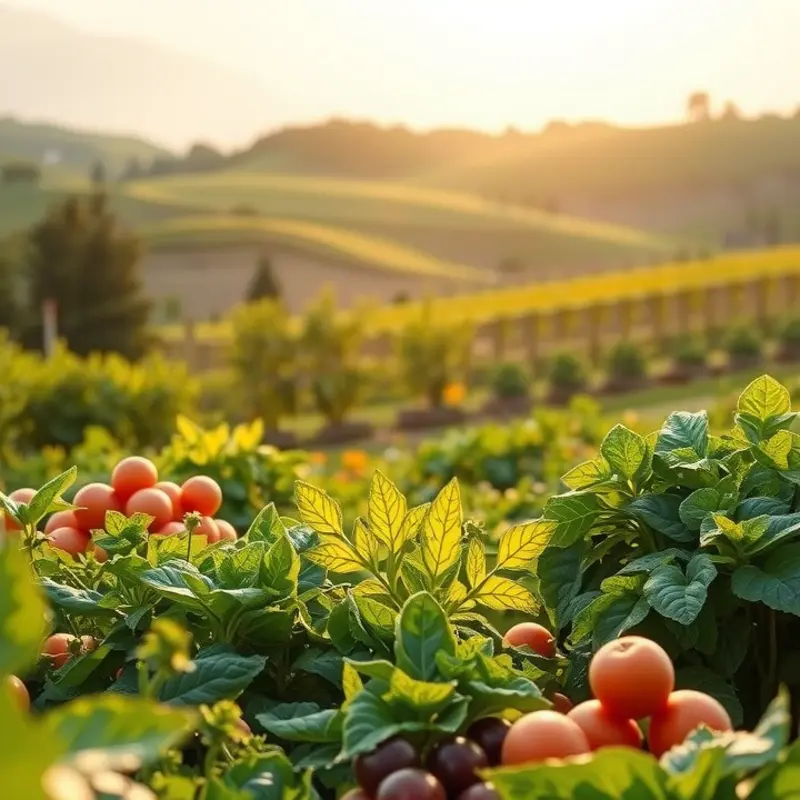 A serene sunlit field showcasing vibrant fruits and vegetables.