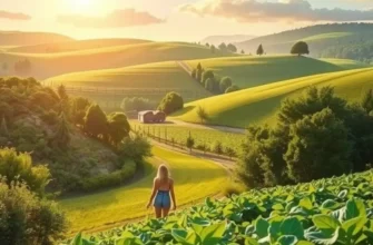 Scenic illustration of a vibrant orchard filled with organic fruits and vegetables.
