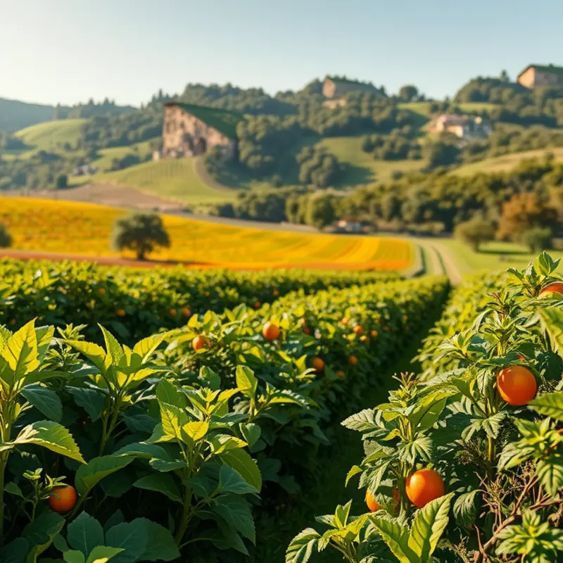 A sunlit orchard showcasing lush fruits and vegetables.