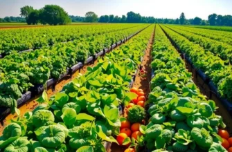 A beautiful landscape showcasing vibrant fruits and vegetables growing in a lush green field.