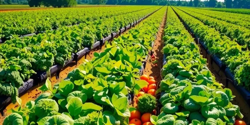 A beautiful landscape showcasing vibrant fruits and vegetables growing in a lush green field.