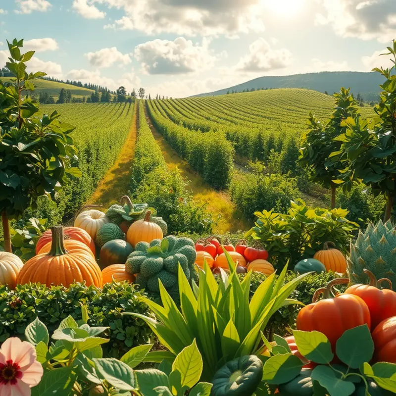 A sunlit field abundant with fresh vegetables and fruits.