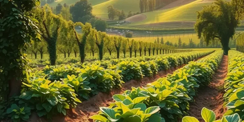 A scenic view of organic vegetables and fruits flourishing in a sunlit field.