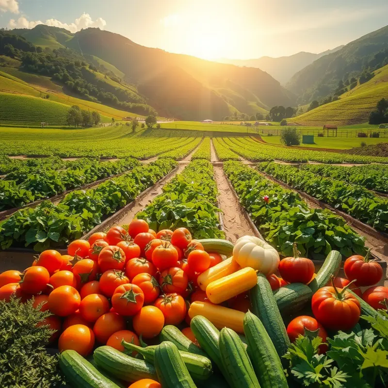 A vibrant sunlit field showcasing fresh organic produce.