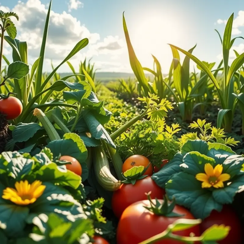 A sunlit field showcasing vibrant organic vegetables and fruits.