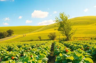 A colorful field filled with fresh, organic vegetables and fruits thriving in sunlight.