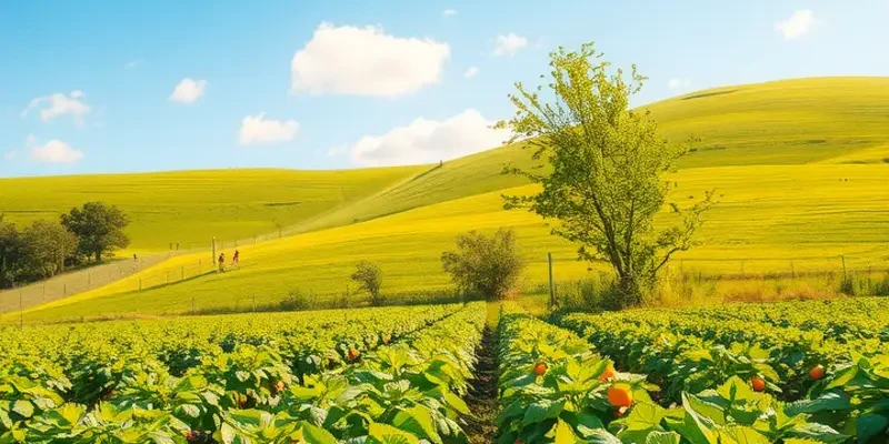 A colorful field filled with fresh, organic vegetables and fruits thriving in sunlight.