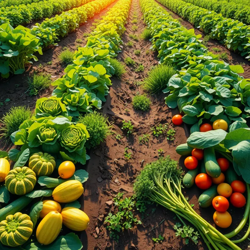 A sunlit field filled with vibrant organic produce.
