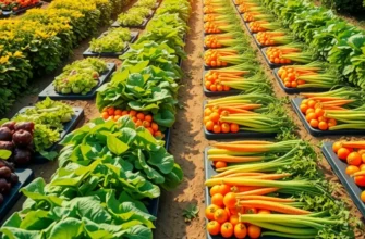 A lush field with an abundance of colorful fruits and vegetables under warm sunlight.