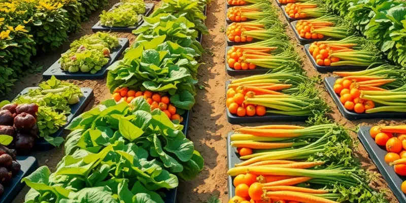 A lush field with an abundance of colorful fruits and vegetables under warm sunlight.