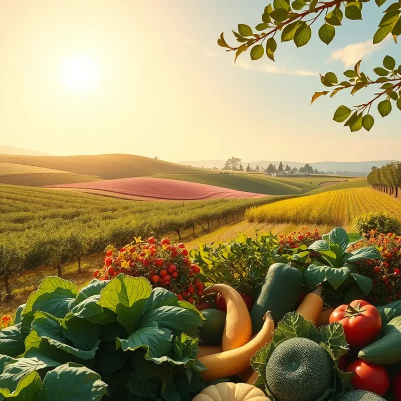 A sunlit orchard teeming with fresh vegetables and fruits.