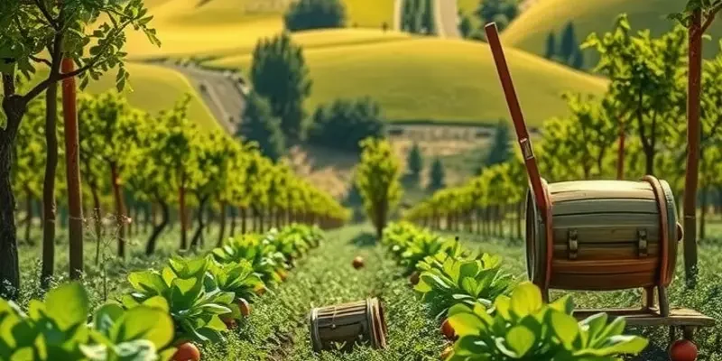 A photorealistic image depicting a vibrant landscape filled with fresh vegetables and fruits, surrounded by green hills and sunlight.