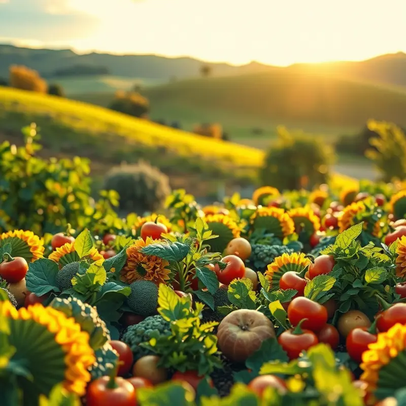 A sunlit garden showcasing an abundance of vibrant vegetables and fruits.