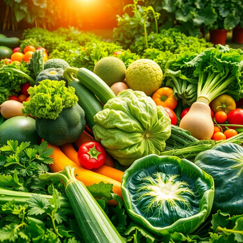 A lush field of organic vegetables thriving in harmony with nature.
