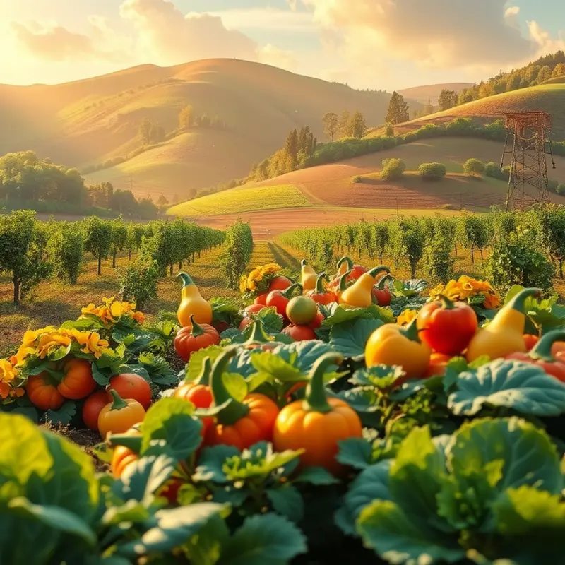 A sunlit field showcasing vibrant vegetables and fruits in a natural setting.