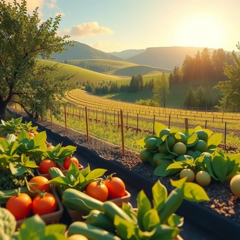A sunlit orchard showcasing fresh organic produce.