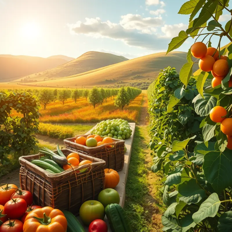 A sunlit field bursting with organic vegetables and fruits, showcasing nature’s bounty.