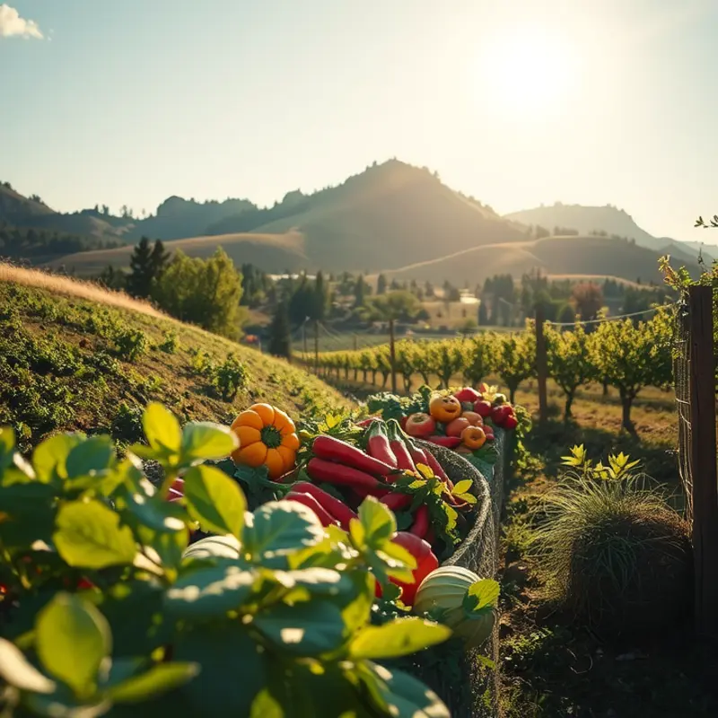 A sunlit field abundant with vibrant vegetables and fruits.