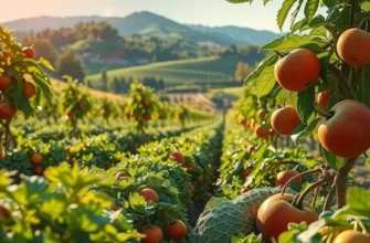 A beautiful field of vibrant organic vegetables and fruits surrounded by nature.