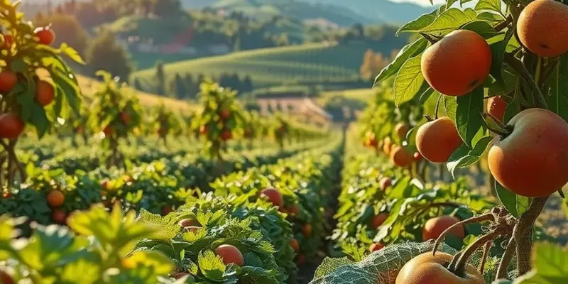 A beautiful field of vibrant organic vegetables and fruits surrounded by nature.