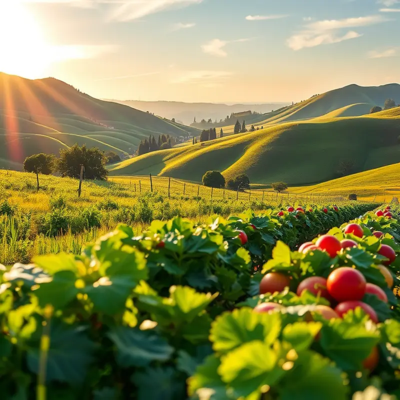 A sunlit landscape featuring lush greenery and vibrant organic produce.