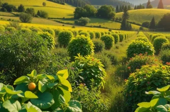A scenic view of a vibrant landscape with fresh vegetables and fruits growing in lush greenery.