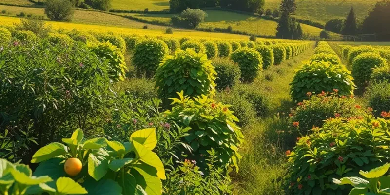 A scenic view of a vibrant landscape with fresh vegetables and fruits growing in lush greenery.