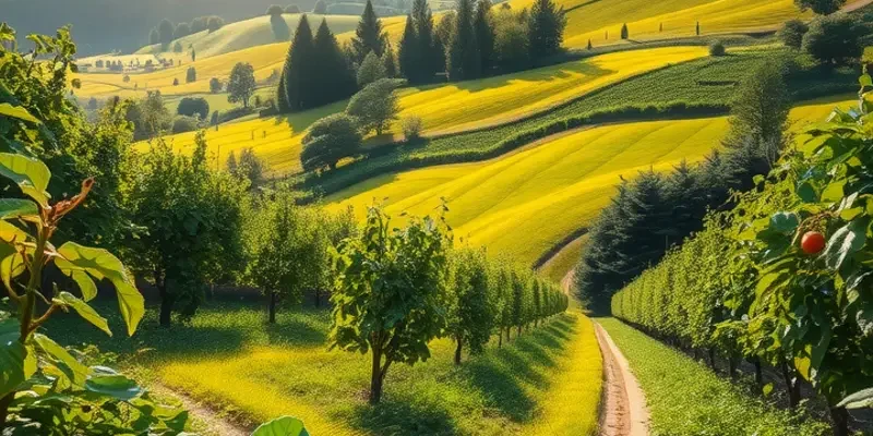 A beautiful sunlit field filled with organic fruits and vegetables.