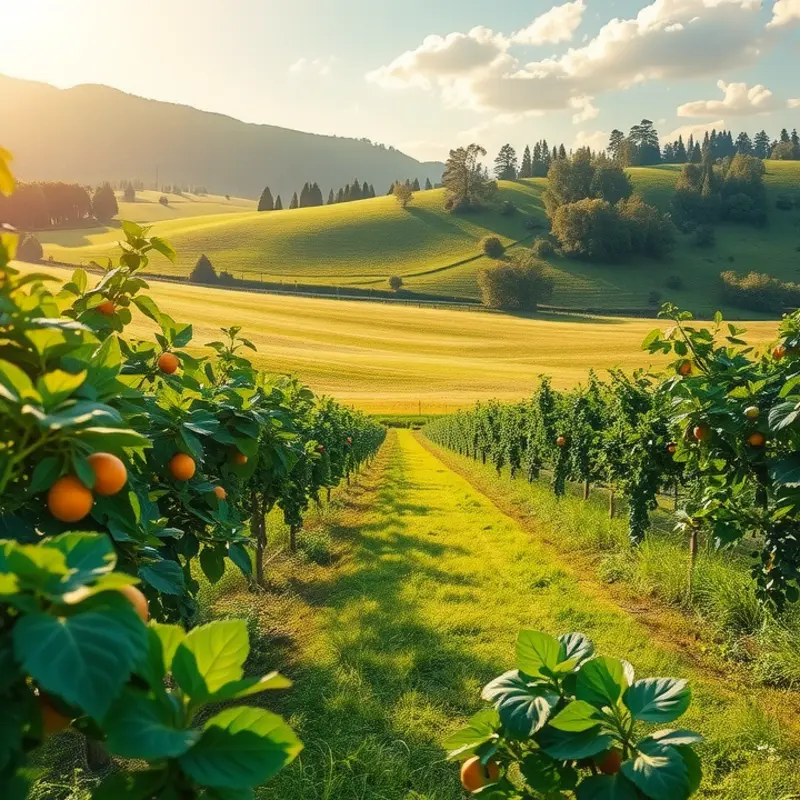 A sunlit orchard filled with vibrant vegetables and fruits.