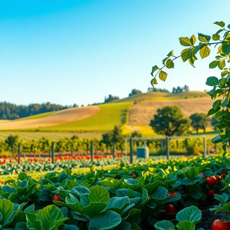 A sunlit landscape showcasing vibrant fruits and vegetables in their natural growth.