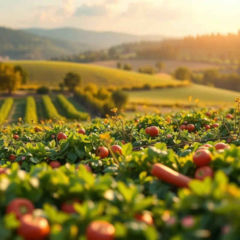A scenic orchard growing vibrant rice grains and vegetables in natural abundance.